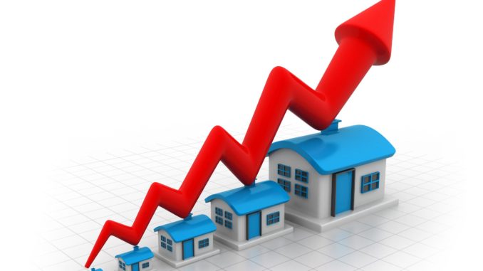 small to big housing with and increasing arrow to show rising home prices