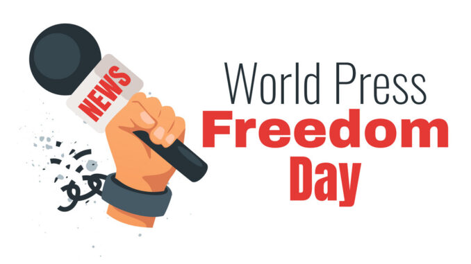 World press freedom day design with hand in broken chains holding news microphone. Vector illustration isolated on white background.