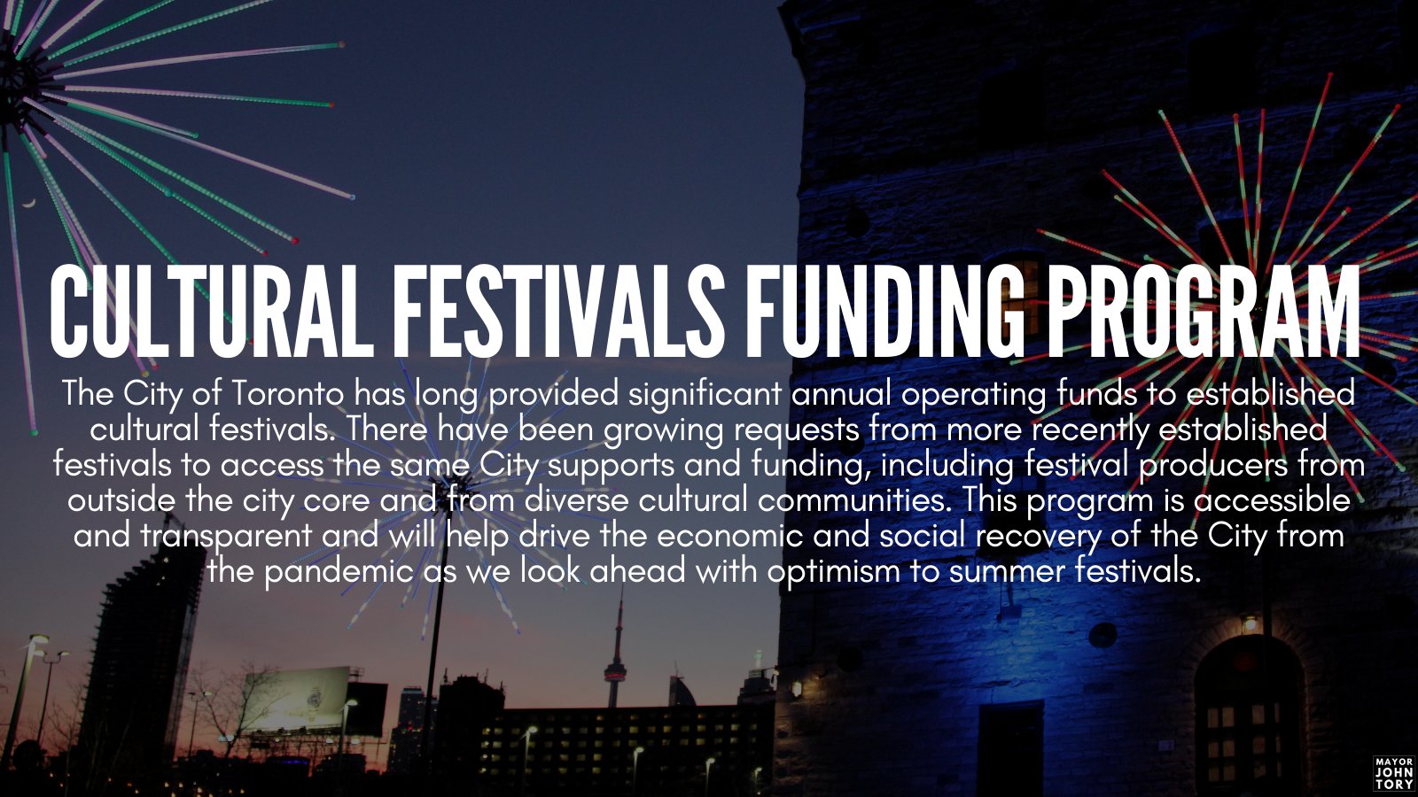 Cultural Festivals Funding Program and enhanced funding for cultural organizations outside of the city core