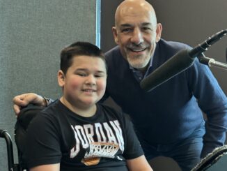 Domenic Primucci, president of Pizza Nova and George, brand ambassador of Variety Ontario, recording Pizza Nova’s iconic radio commercial for the launch of That’s Amore Pizza For Kids’ 25th anniversary campaign on April 26, 2024. ==