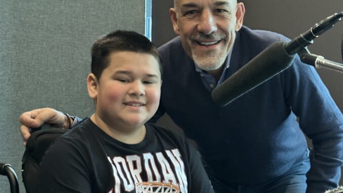 Domenic Primucci, president of Pizza Nova and George, brand ambassador of Variety Ontario, recording Pizza Nova’s iconic radio commercial for the launch of That’s Amore Pizza For Kids’ 25th anniversary campaign on April 26, 2024. ==
