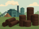 Illustration of biocoal pellets and briquettes in front of a biomass processing facility, representing Ontario’s investment in expanding biocoal production.